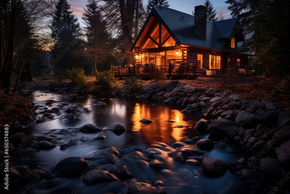 Cozy wooden log cabin on a river or lake with a beautiful and scenic view of nature