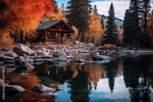 Cozy wooden log cabin on a river or lake with a beautiful and scenic view of nature