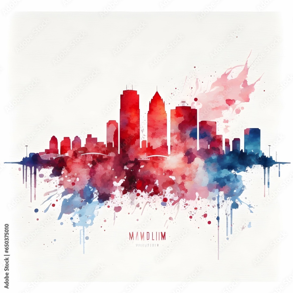 minneapolis skyline watercolor red and blue on white background  - obrazy, fototapety, plakaty 