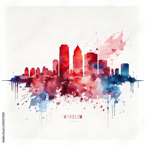 minneapolis skyline watercolor red and blue on white background 