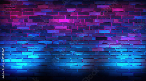 Red and blue neon lights illuminate un-plastered brick walls, creating texture.
