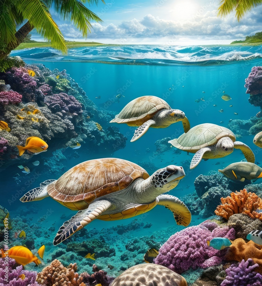 Fototapeta premium Sea turtles, turtles swimming underwater, coral, yellow fish, large turtles