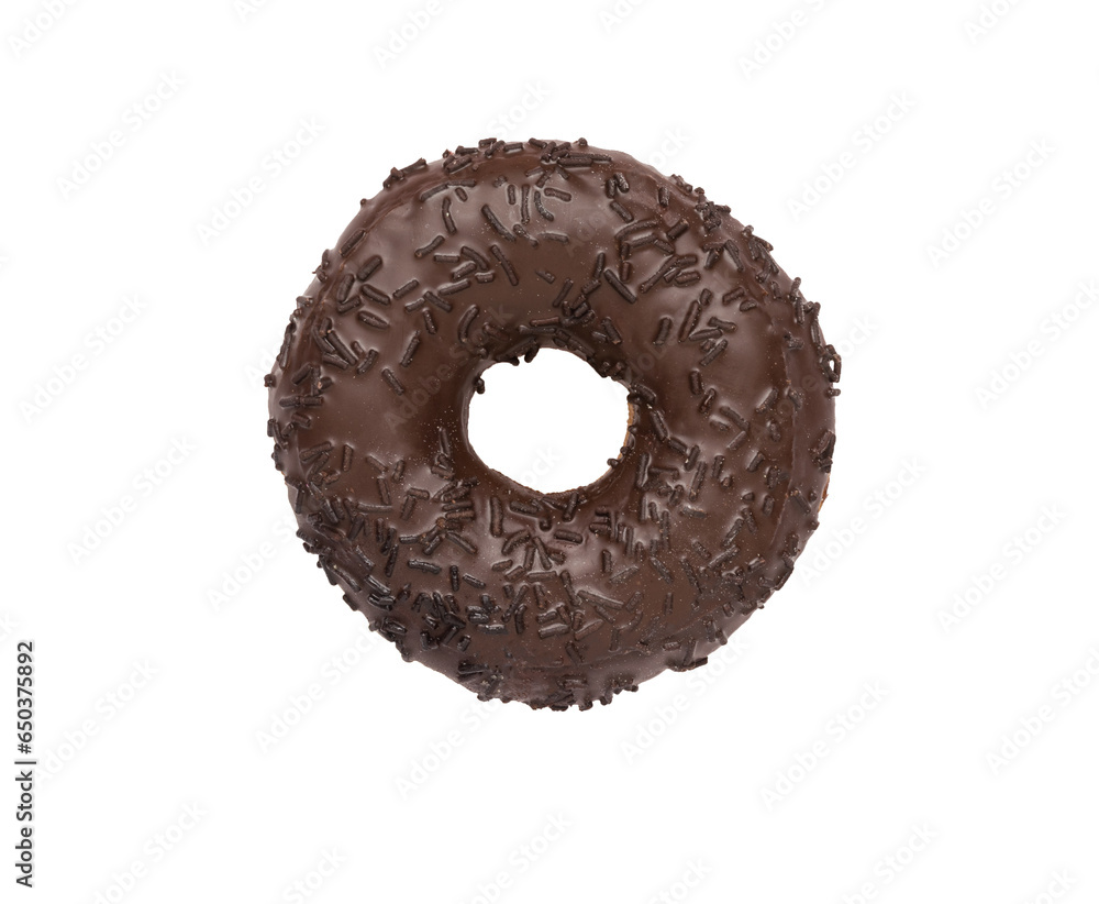 A beautiful chocolate donut isolated on a white background. The minimal concept of popular baking. A beautiful chocolate donut isolated on a white background. The minimal concept of popular baking.