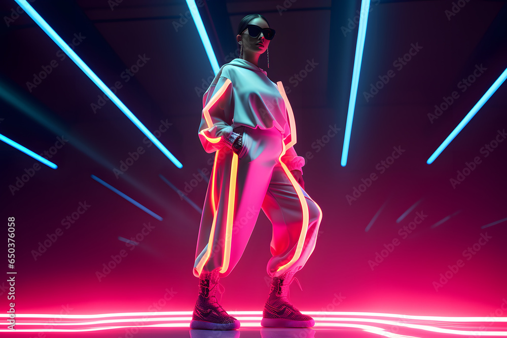 African woman in neon costume and neon shoes, in the style of futuristic pop, luminous color palette African woman in neon costume and neon shoes, in the style of futuristic pop, luminous color palette