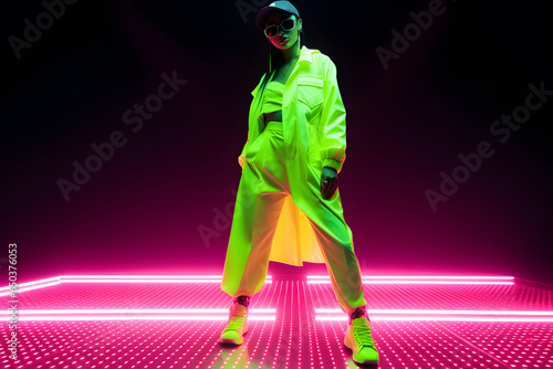 African woman in neon costume and neon shoes, in the style of futuristic pop, luminous color palette © Oksana