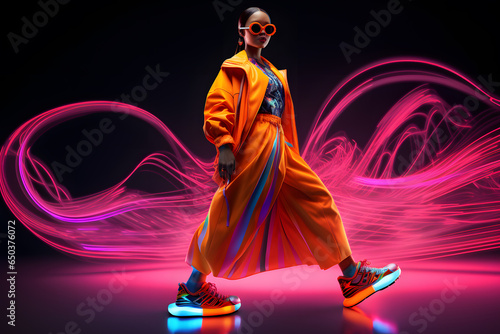 African woman in neon costume and neon shoes, in the style of futuristic pop, luminous color palette © Oksana