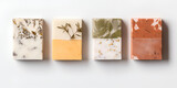 Top view of mock up handmade soap bars on white background, spa organic product concept