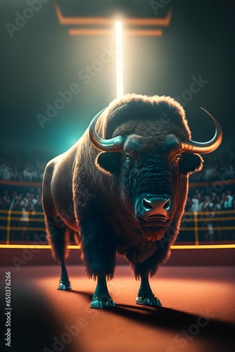 Award winning photography of a stoic bison standing on a indoor tennis court Tennis Racquet in the foreground crowd in the background blue anamorphic lens flares 8k ultra HDR photo a7iv highly 
