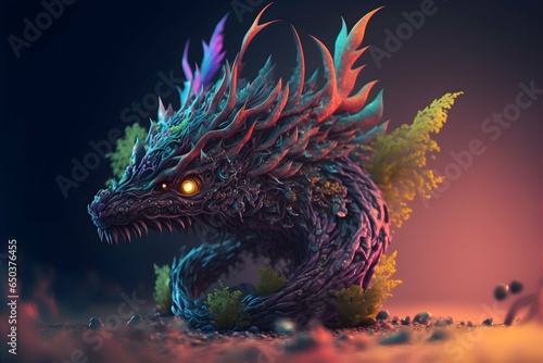 create an unreal engine 5 render of a 3D image using the paranoiac critical method that picks a sea of psychedelic alien creatures forming the shape of a dragon The dragon should be composed of the 