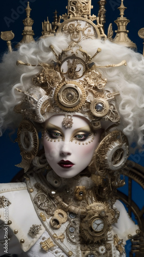 A portrait of an elegantly dressed woman in costume with an elaborately painted face and golden headdress. Pale makeup. Carnival performer or parade participant.