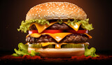 Promotional commercial photo burger with meat isolated on black background