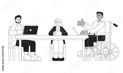Boardroom meeting multicultural black and white cartoon flat illustration. Diverse leaders discussing linear 2D characters isolated. Brainstorming. Inclusive workplace monochromatic scene vector image