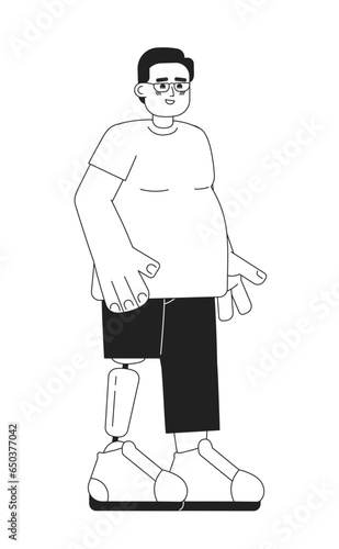 Overweight man with prosthetic leg black and white 2D cartoon character. Happy eyeglasses man artificial leg isolated vector outline person. Disabled adult guy monochromatic flat spot illustration