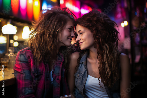 Intimate portrayal of a thoughtful lesbian woman gazing into her partner's eyes in a cozy gay bar, embodying love, connection and LGBTQ+ pride.