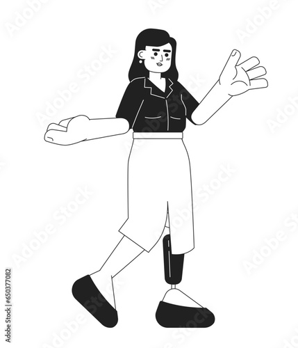 Caucasian adult woman prosthesis leg gesticulating black and white 2D cartoon character. Disabled female office worker casual isolated vector outline person. Monochromatic flat spot illustration