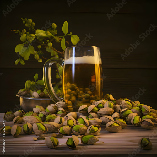 Pistachios on plate and beer in glass. High resolution