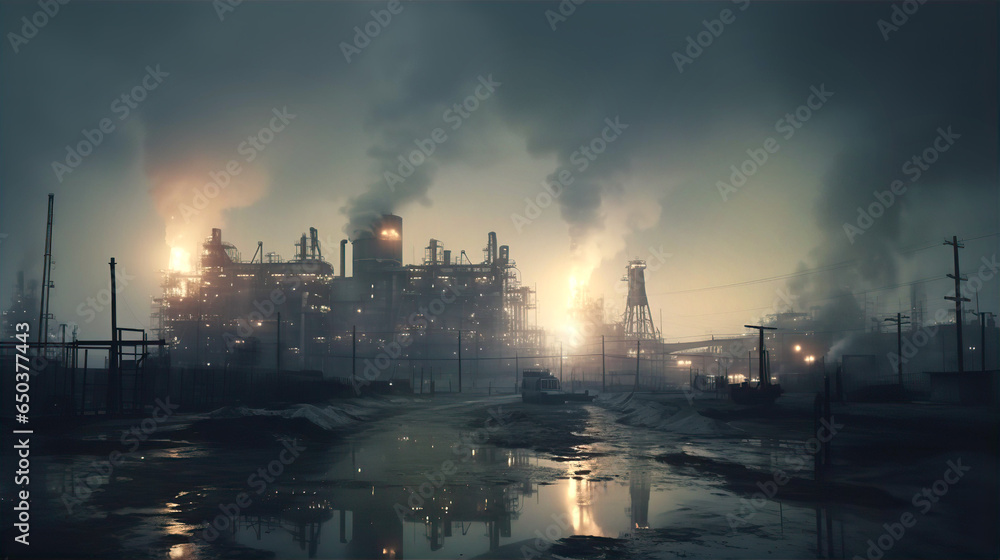 Naklejka premium Industrial waste and pollution. Power station with pipes and smoke stack, dirty industrial landscape