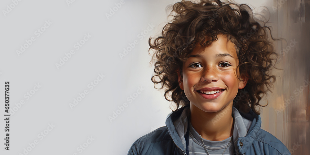 Portrait of smiling happy teen boy with dark curly hair. Mental Health in Youth. Creative abstract concept about teenagers. Copy space. Banner - obrazy, fototapety, plakaty 
