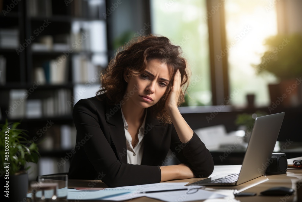 Obraz premium a young adult business woman female manager working late hours in the office looking stressed
