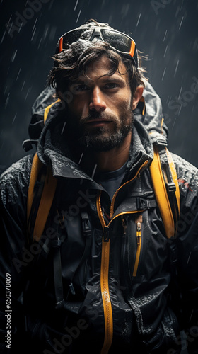 male mountain climber in atmospheric mountainous landscape