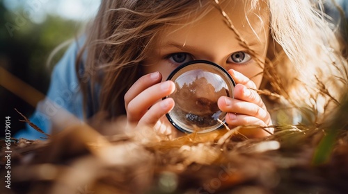 Girl Discovering with a Magnifying Glass