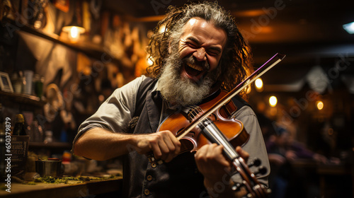 Exhilarating Irish fiddler radiates joy, delight in playing traditional folk music. His jubilance and euphoria demonstrate a vibrant expression of happiness.
