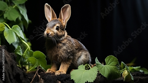 Rabbit close-up on a dark background. © ArturSniezhyn