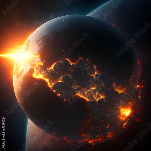 the planet hearth colliding with the sun from an universe perspective unreal engine octane render unrealistic illumination a million details hyper realistic dynamic lighting 8k wallpapper 