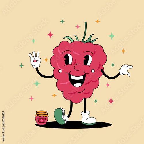 Comic flat crimson Raspberry with face on decorated background. Vector cartoon illustration in groovy retro style with jam. Square image of cute red berry character with smile for concept or banner