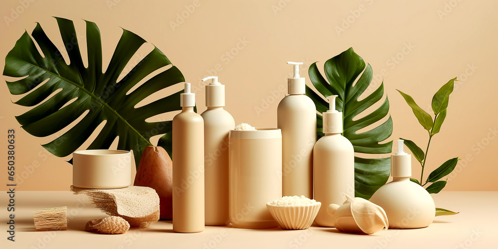 SPA natural organic cosmetics packaging beige design. Set of bottles, moisturizer cream on beige background. SPA natural organic cosmetics packaging beige design. Set of bottles, moisturizer cream on beige background.