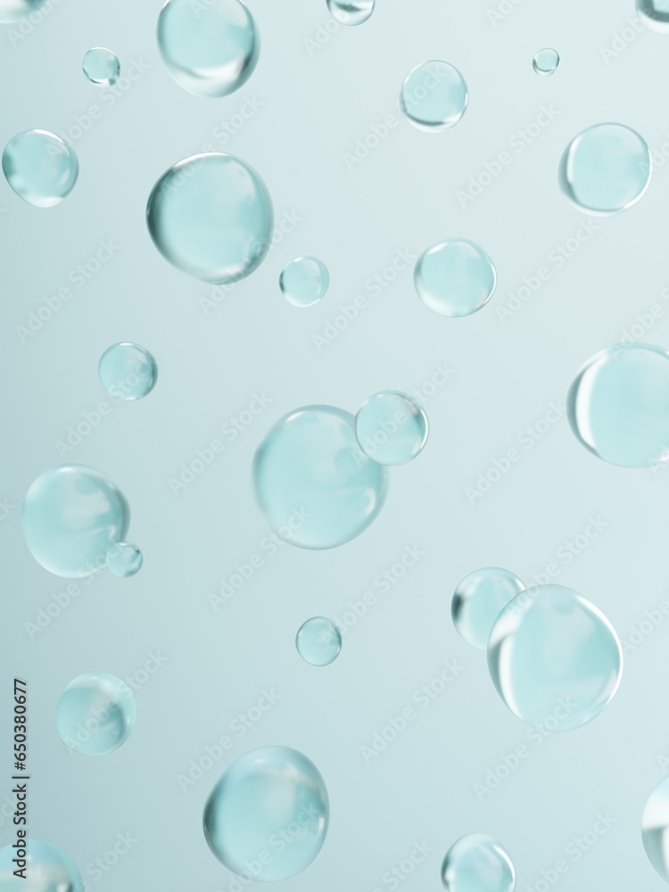 3D Rendering Studio Shot Light Blue and White Water Drops or Foam Bubbles Background for Beauty, Skin Care, food and Beverage Advertising Product Display.