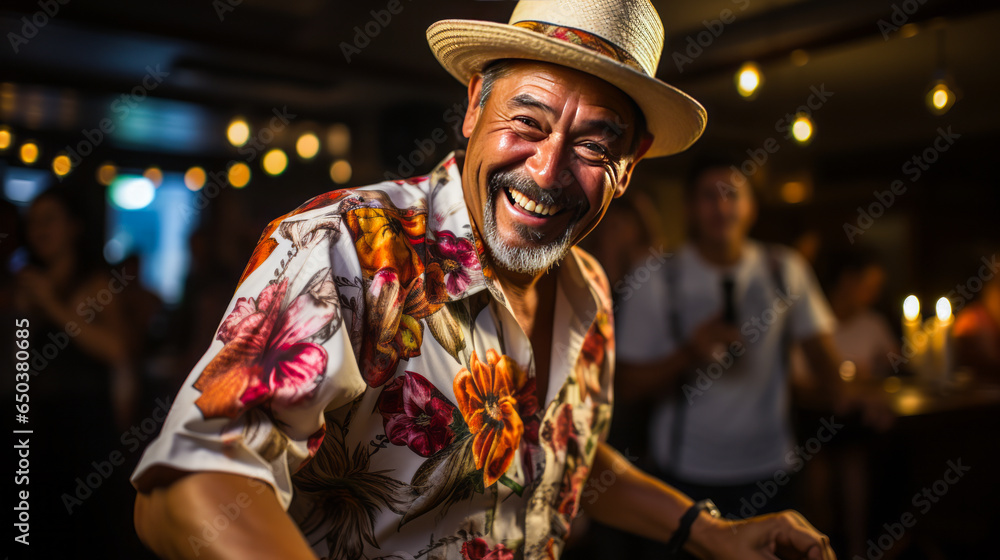 Exhilarating image of an amused salsa dancer, chuckling in pure delight on a rhythm-filled dance floor, a testament to jolly entertainment.