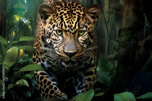 Embark on a realistic journey into the wild as a leopard stealthily prowls through the dense jungle  Generative AI 