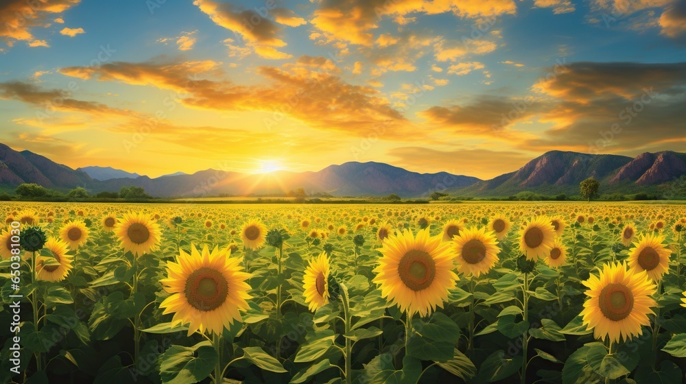 Obraz premium a sunflower field with mountains in the background at sunset. generative ai