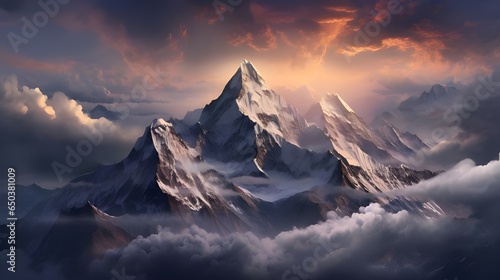 Immerse yourself in the realistic grandeur of a towering mountain peak, its jagged edges reaching for the endless sky, Generative AI  © Cobzaru