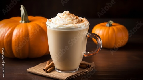 Pumpkin latte in glass. Hot coffee drink with milk creme foam and spice in café or restaurant. 
