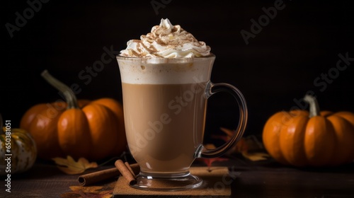 Pumpkin latte in glass. Hot coffee drink with milk creme foam and spice in café or restaurant. 