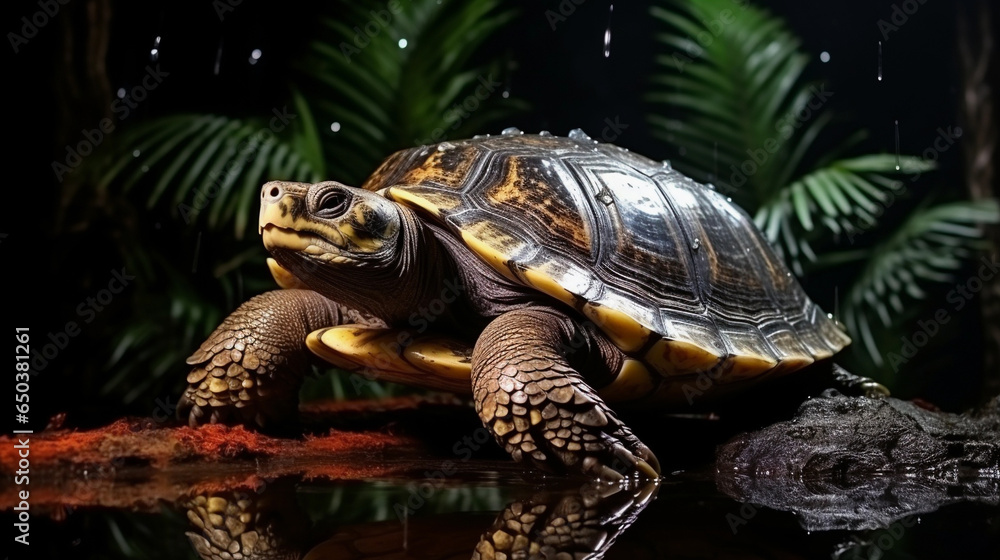 Obraz premium Turtle close-up on a dark background.