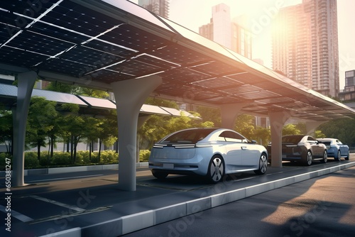 decentralized solar modules in a city car charging on charging stations | Generative AI photo