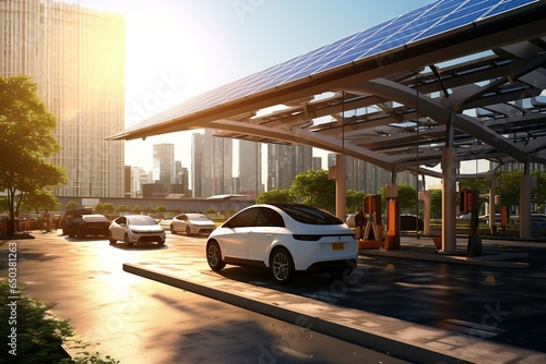 decentralized solar modules in a city car charging on charging stations   Generative AI © Kay