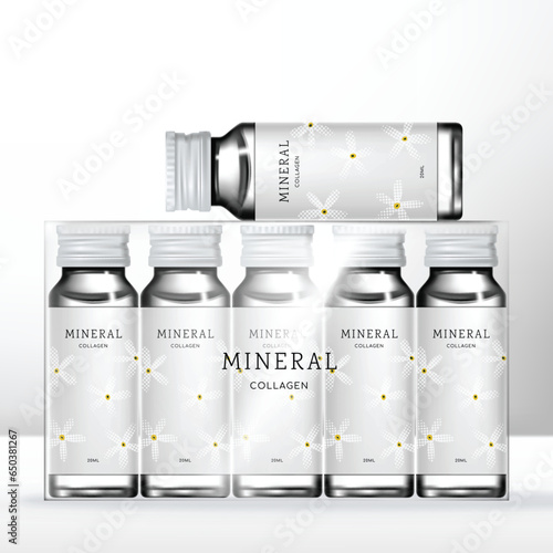 Vector Clear or Brown Glass Screw Cap Bottle with Wrap Around Label for Beauty, Supplement or Collagen Drink or Beverage. Box Packaging.