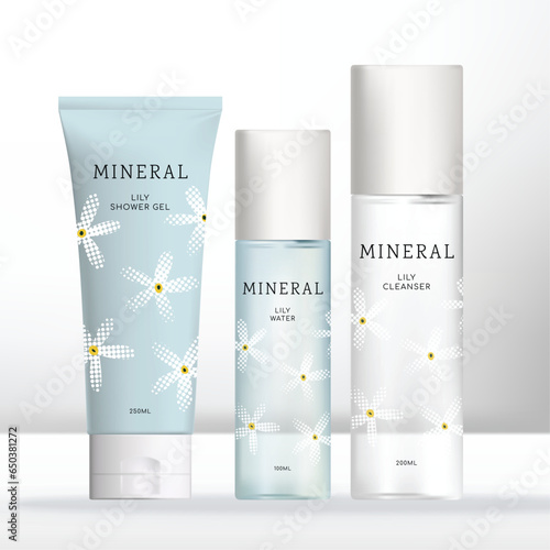 Vector Beauty or Skincare Transparent Cream, Shampoo, Gel or Cream Bottle and Tube Bundle with White Caps.