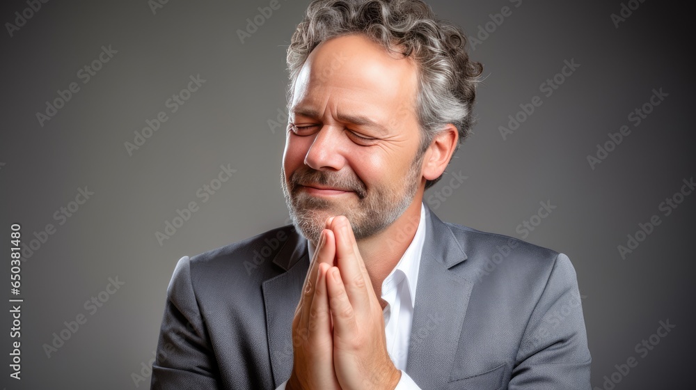 Close up portrait of man who prays. Hands in praying position. Prayer to god with faith and hope. Concept for religion, worship, love and spirituality. Illustration for cover, card, banner, poster. Close up portrait of man who prays. Hands in praying position. Prayer to god with faith and hope. Concept for religion, worship, love and spirituality. Illustration for cover, card, banner, poster.