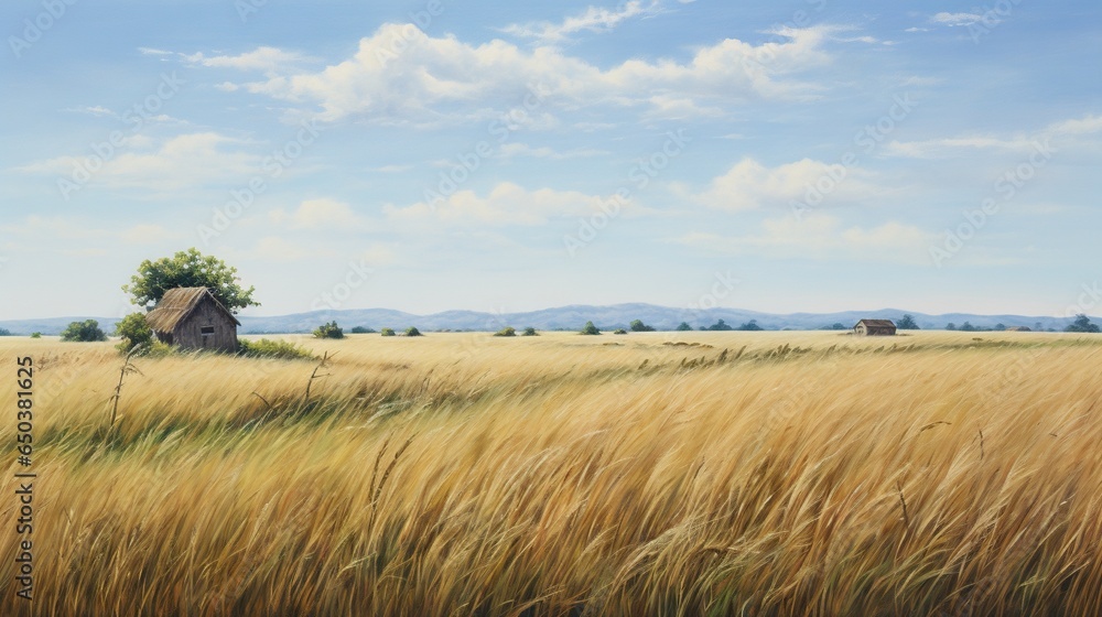 Fototapeta premium a painting of a house in a field of grass with mountains in the background. generative ai