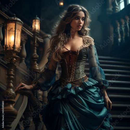 Fantasy victorian woman walks the hallways of a mansion at night 