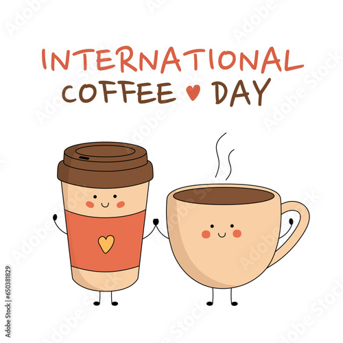 International Coffee Day holiday design. Cute paper coffee cup and coffee mug characters holding hands. Vector cartoon illustration for banner, poster, greeting card