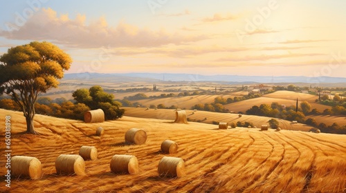  a painting of hay bales in a field at sunset.  generative ai