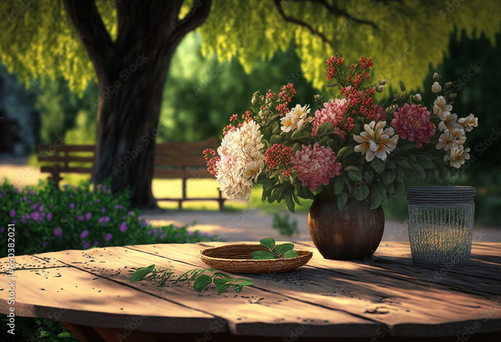 Fototapeta premium Wooden table place for an object in the garden with flowers. Generative AI,