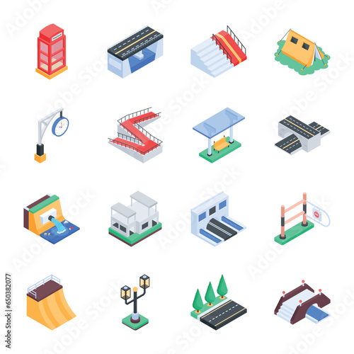 City Structures and Items Isometric Illustrations 

