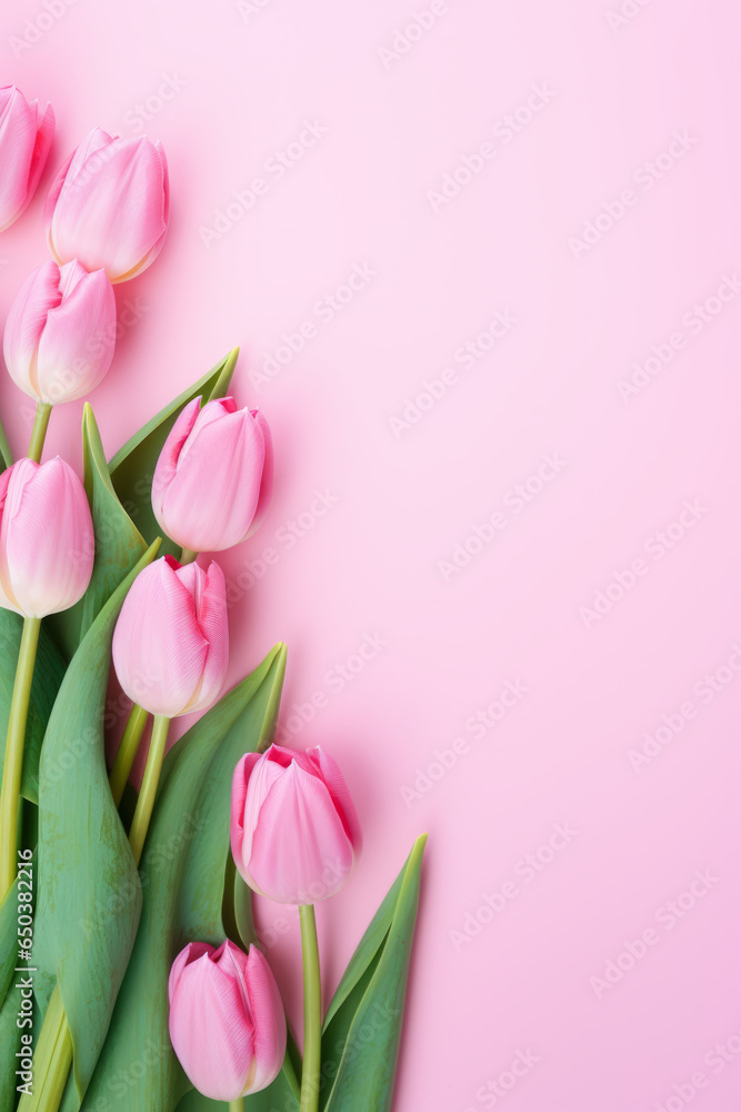 Fototapeta premium Pink tulips flowers on pink background, greeting card, with space for text